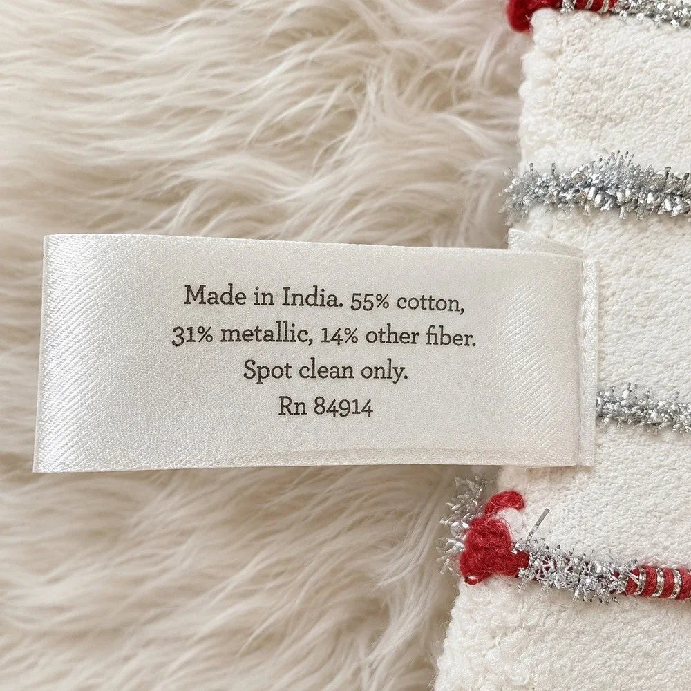 Christmas Runner Rug Ivory Red Silver Metallic Striped Woven Cotton Fringe Home